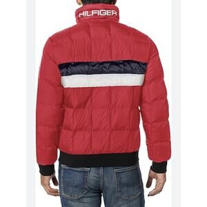 Tommy Hilfiger Puffer‎ Bomber Jacket Mens Large Colorblock Spellout Logo Preppy